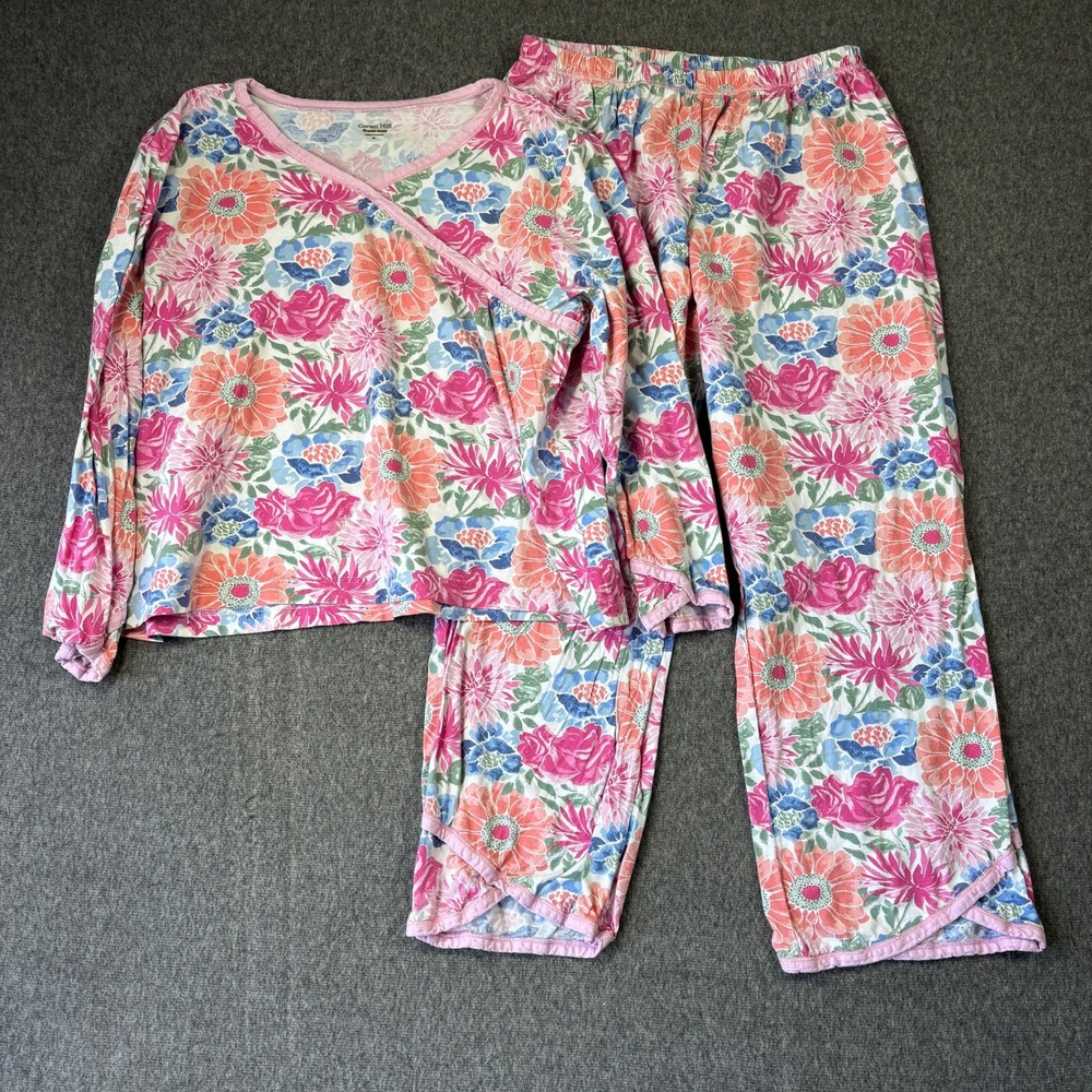 Garnet Hill Green Cotton Organic Pajama Set XL Floral Pink Blue Tulip Hem